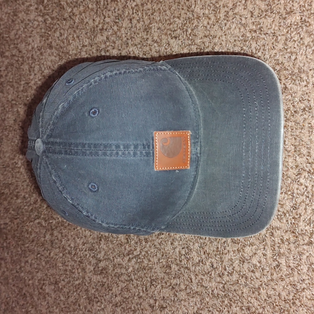 Carhartt Leather Stitched Patch Blue Brown Embroidered Strap-on Cap